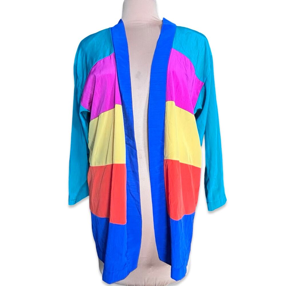 Vintage Popsicle Stripes Colorblock Open Front Jacket Cardigan Rainbow Artsy
